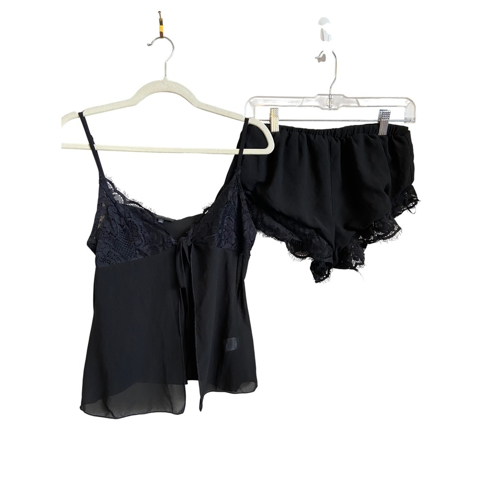 Majorelle Black Lace Cami and Shorts Pajama Set Medium Tie Front Chiffon
